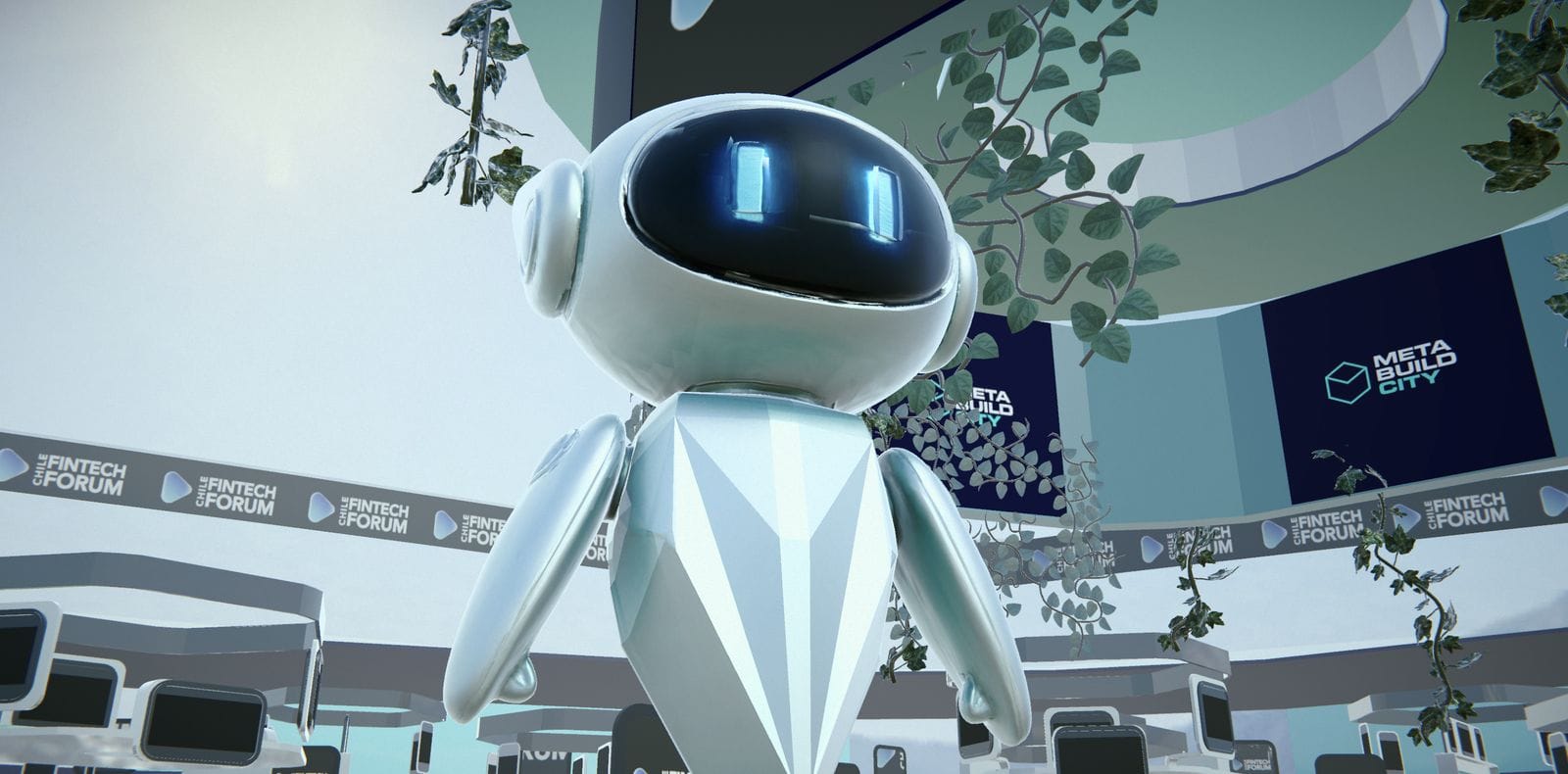 Retrato del agente Finty dentro del recinto, con pantallas de marca Meta Build City al fondo
