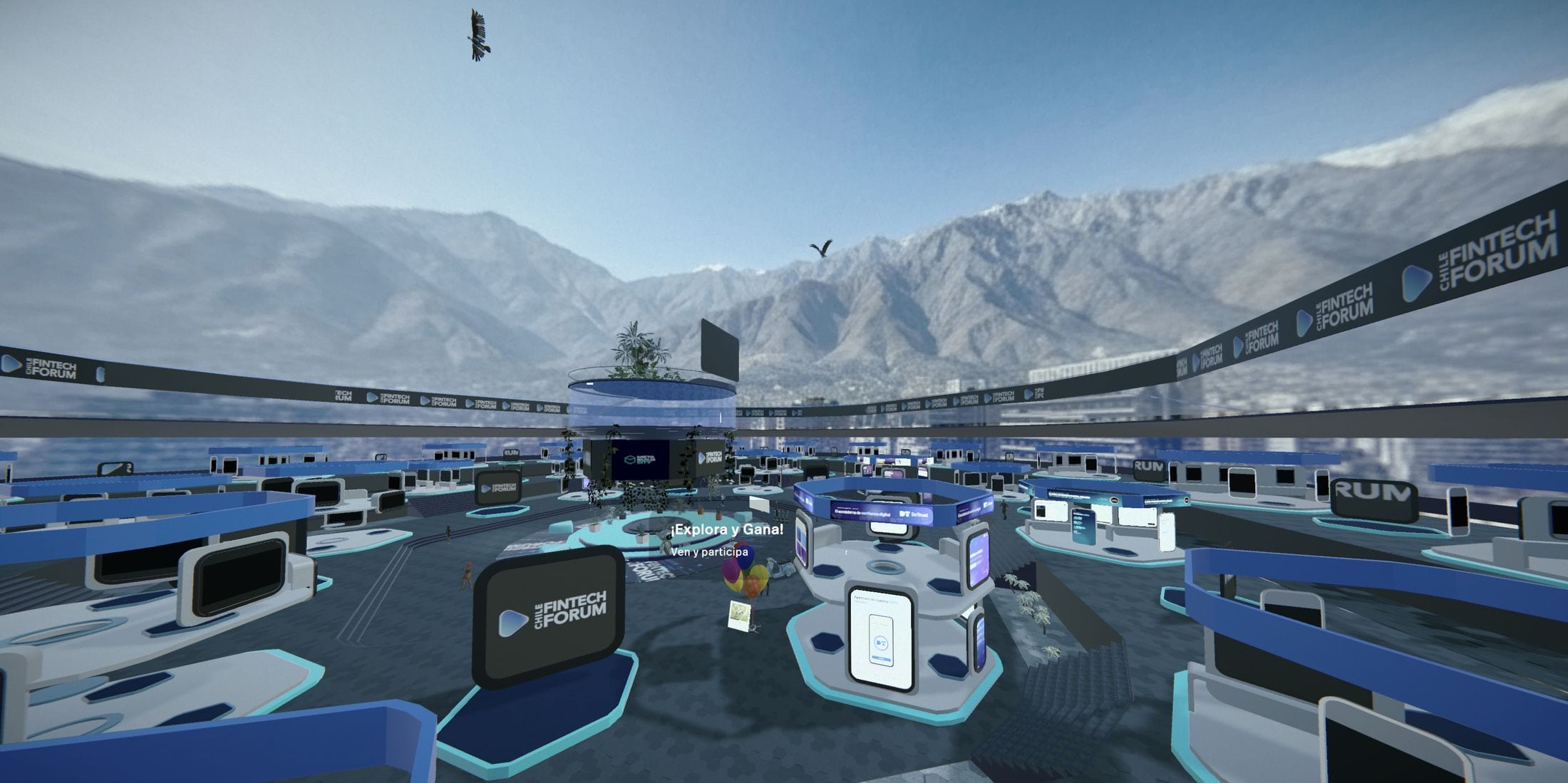 Panorámica del recinto virtual del Chile Fintech Forum 2026: explanada de stands, torre central de pantallas y la cordillera de fondo