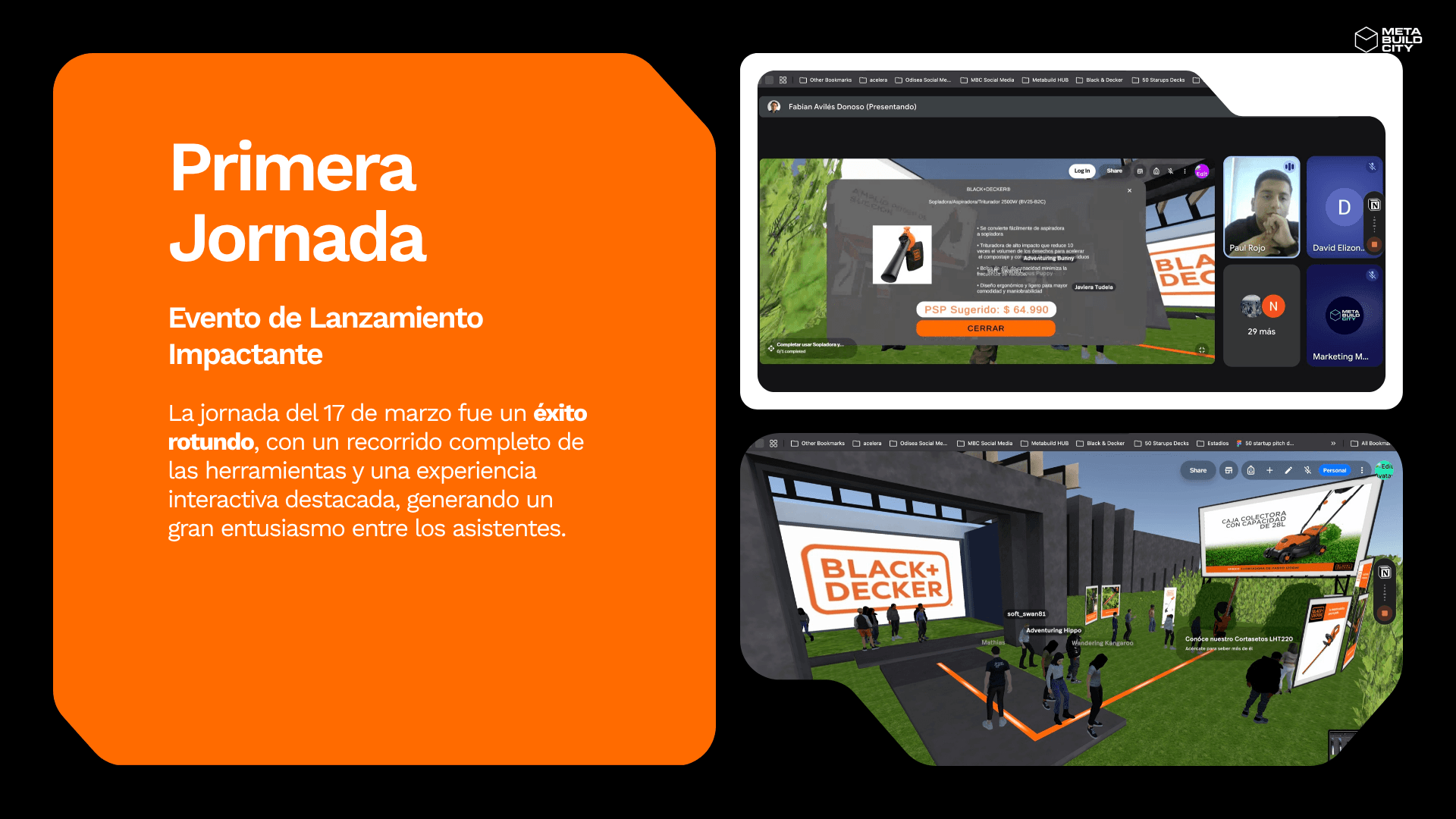 Capturas reales de la primera jornada de lanzamiento del showroom virtual Black+Decker, con asistentes conectados
