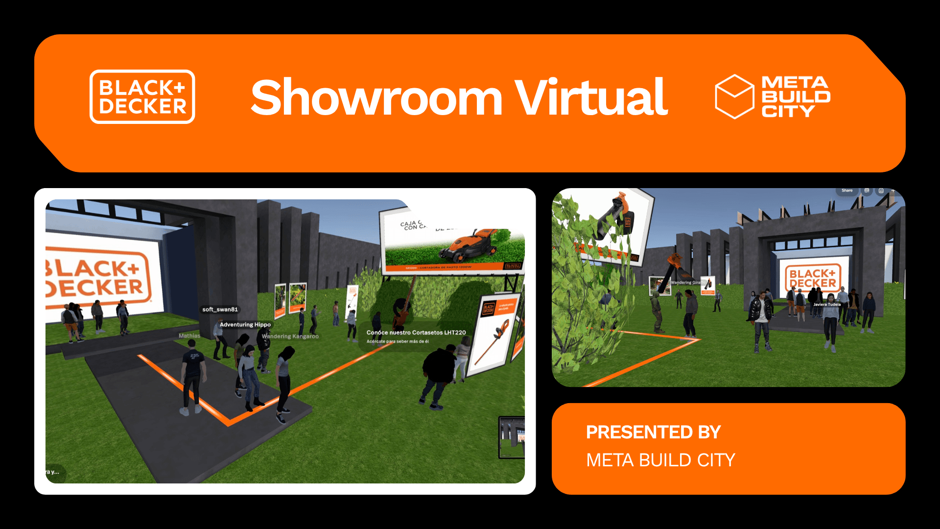 Portada del showroom virtual Black+Decker con renders de la fachada y el jardín del espacio 3D