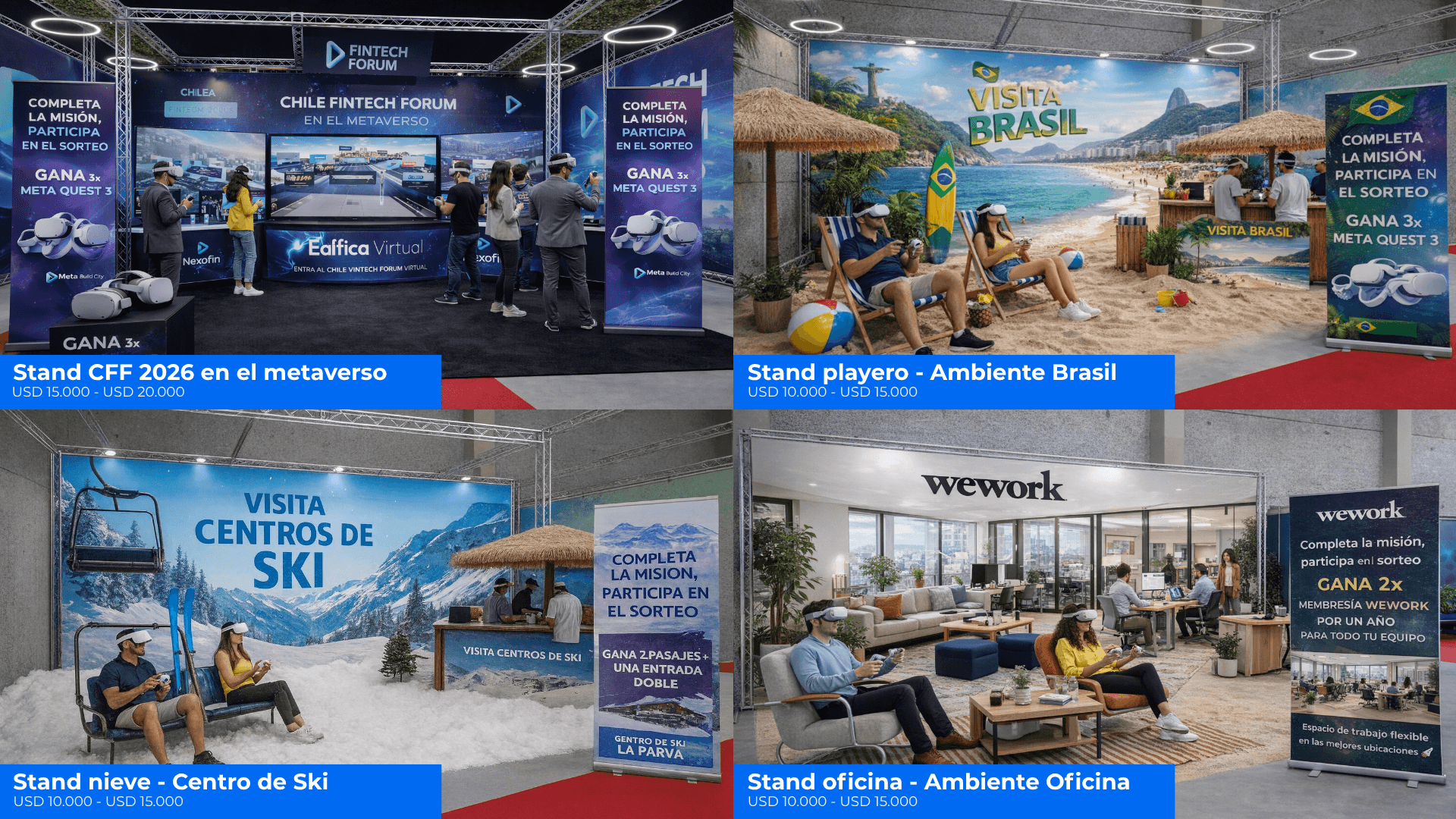 Vista del visitante dentro del metaverso CFF26, con las estaciones de exhibición y los stands de marca