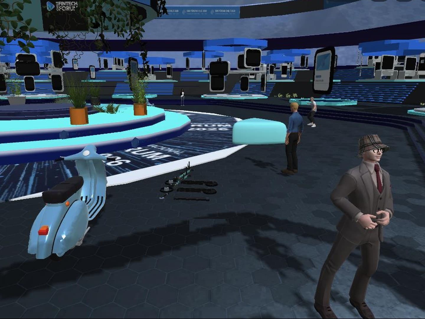 Captura del recinto de la Ciudad Digital del Congreso Internacional BIM 2026, con avatares recorriendo la explanada de stands