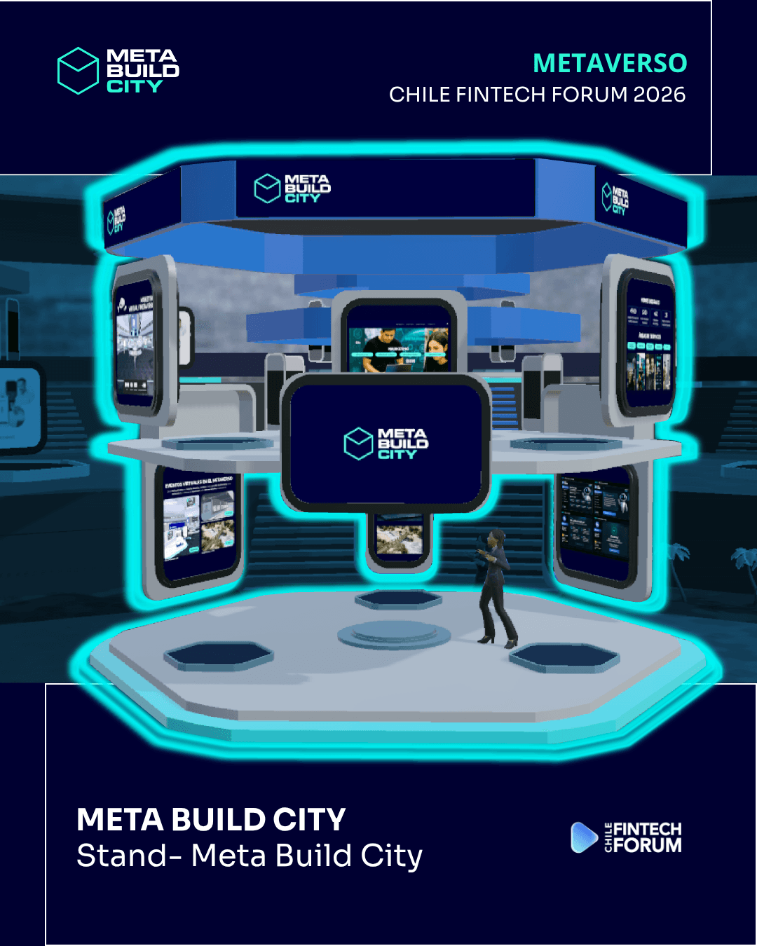 Stand virtual de Meta Build City en el metaverso Chile Fintech Forum 2026